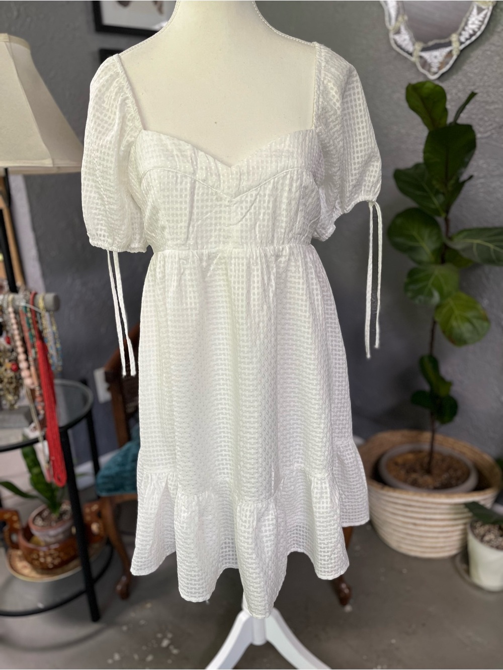 TCEC White Puff-Sleeve Mini Babydoll Dress Gingham Textured Tiered Ruffle Hem